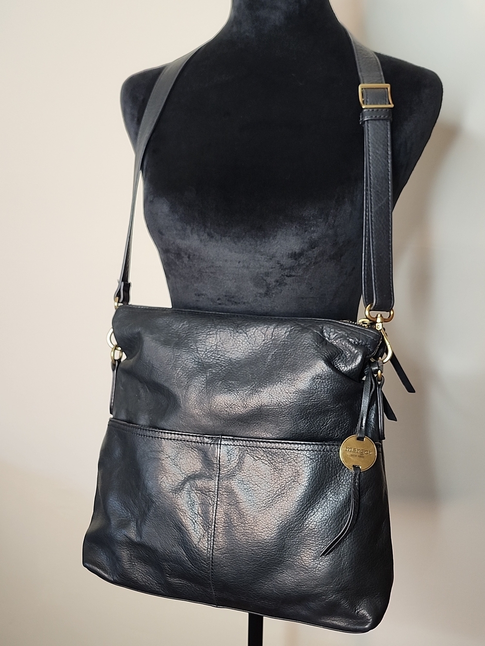 Margot New York Mickey Double Zip Crossbody Black Genuine Leather Fold Over Bag